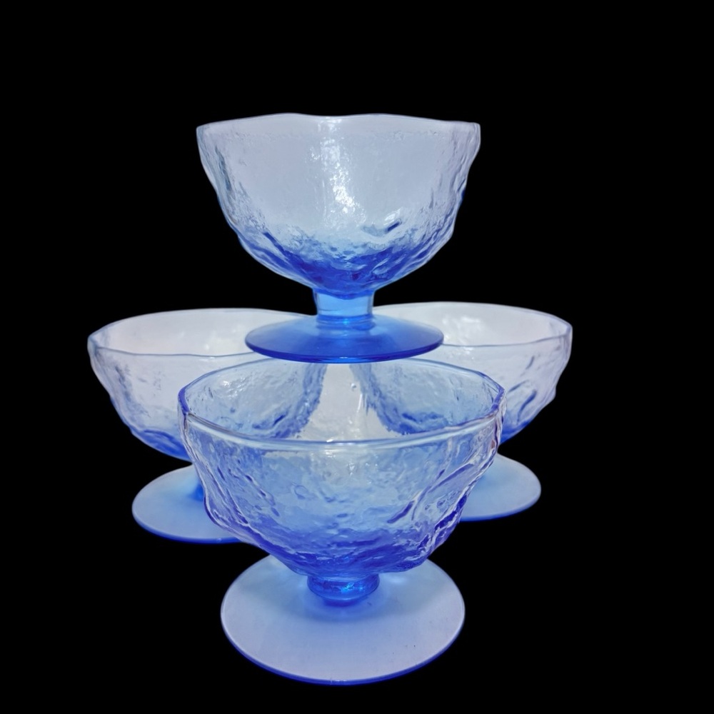 4 Vintage 1960s Morgantown Crinkle  Blue Glass Sherbet Footed Fruit Dessert Bowl